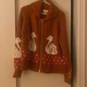 beautiful soft zip up sweater worn once amber brown with swans